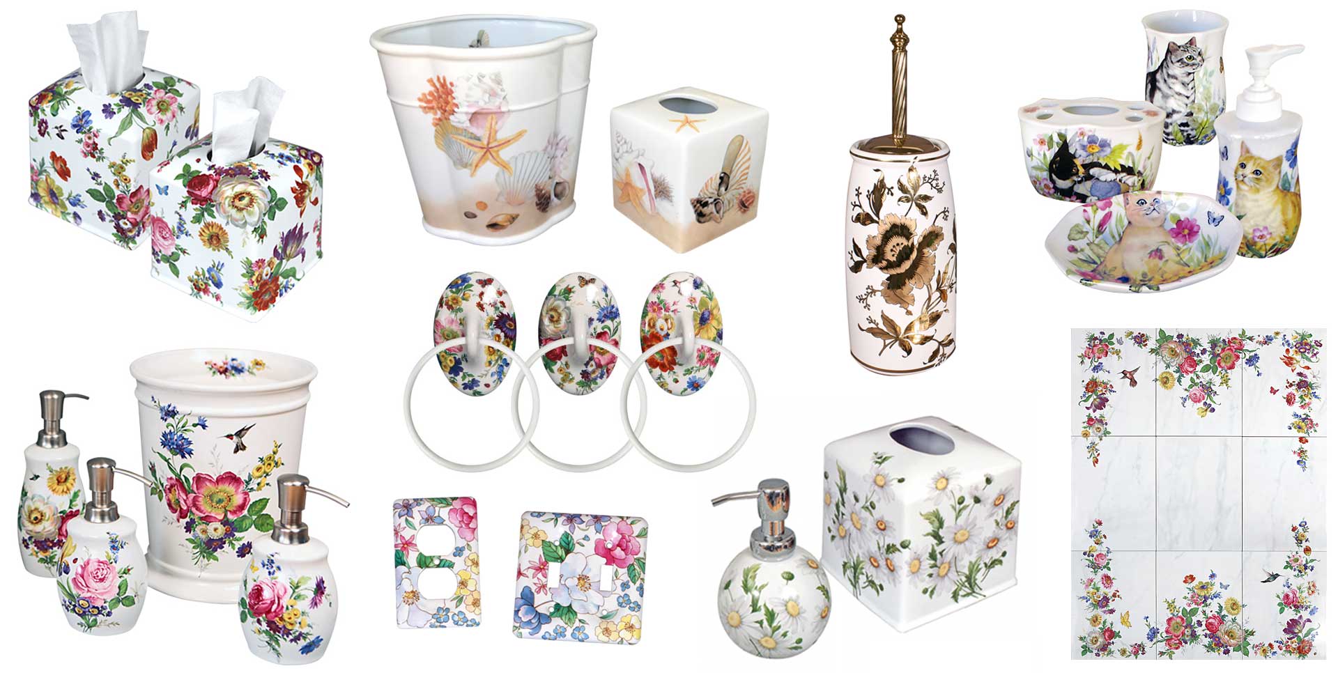 custom ceramic bathroom accessories and tile mural decorated with flowers, shells and cats and butterflies.