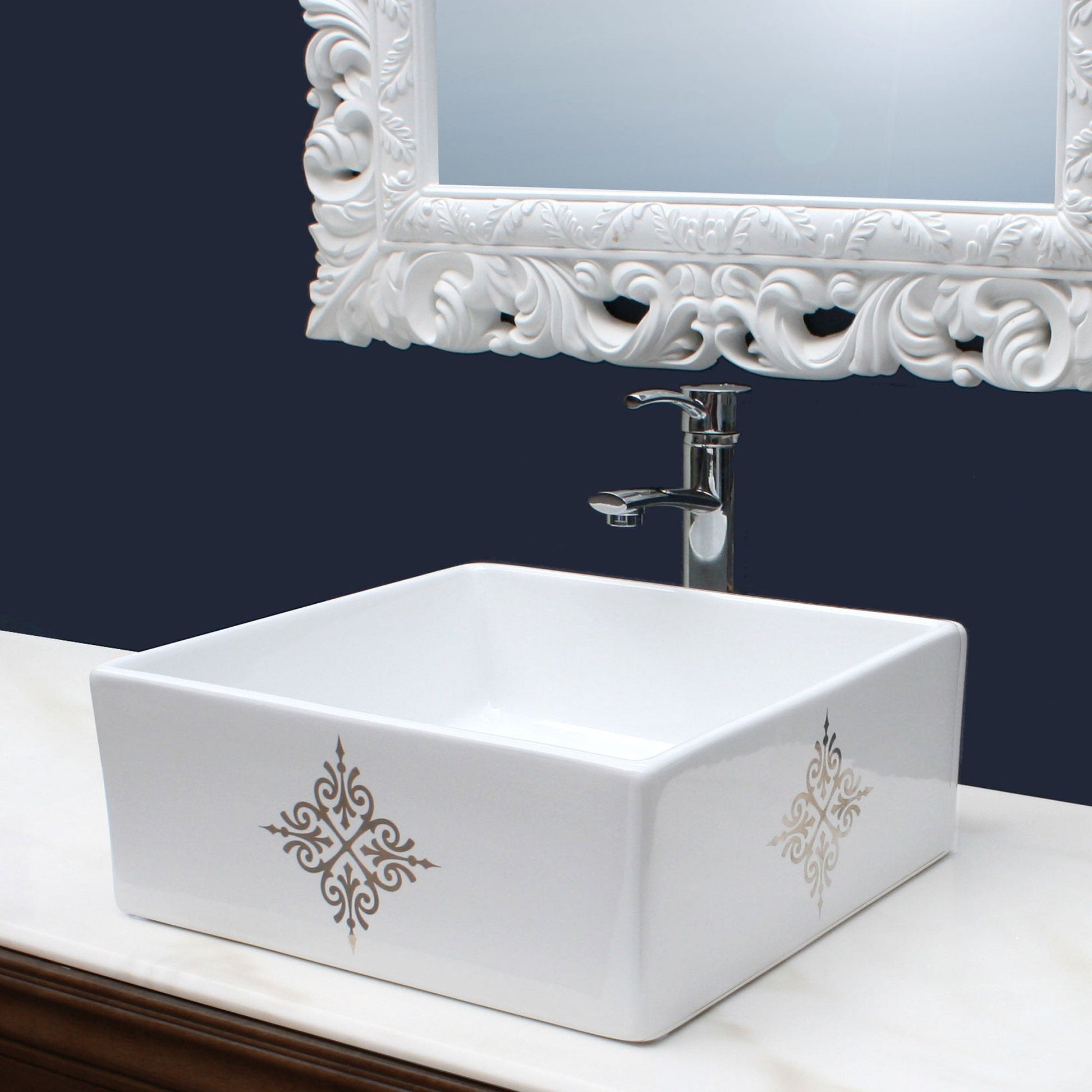 Elegant Navy blue powder room with platinum design painted on porcelain vessel sink.