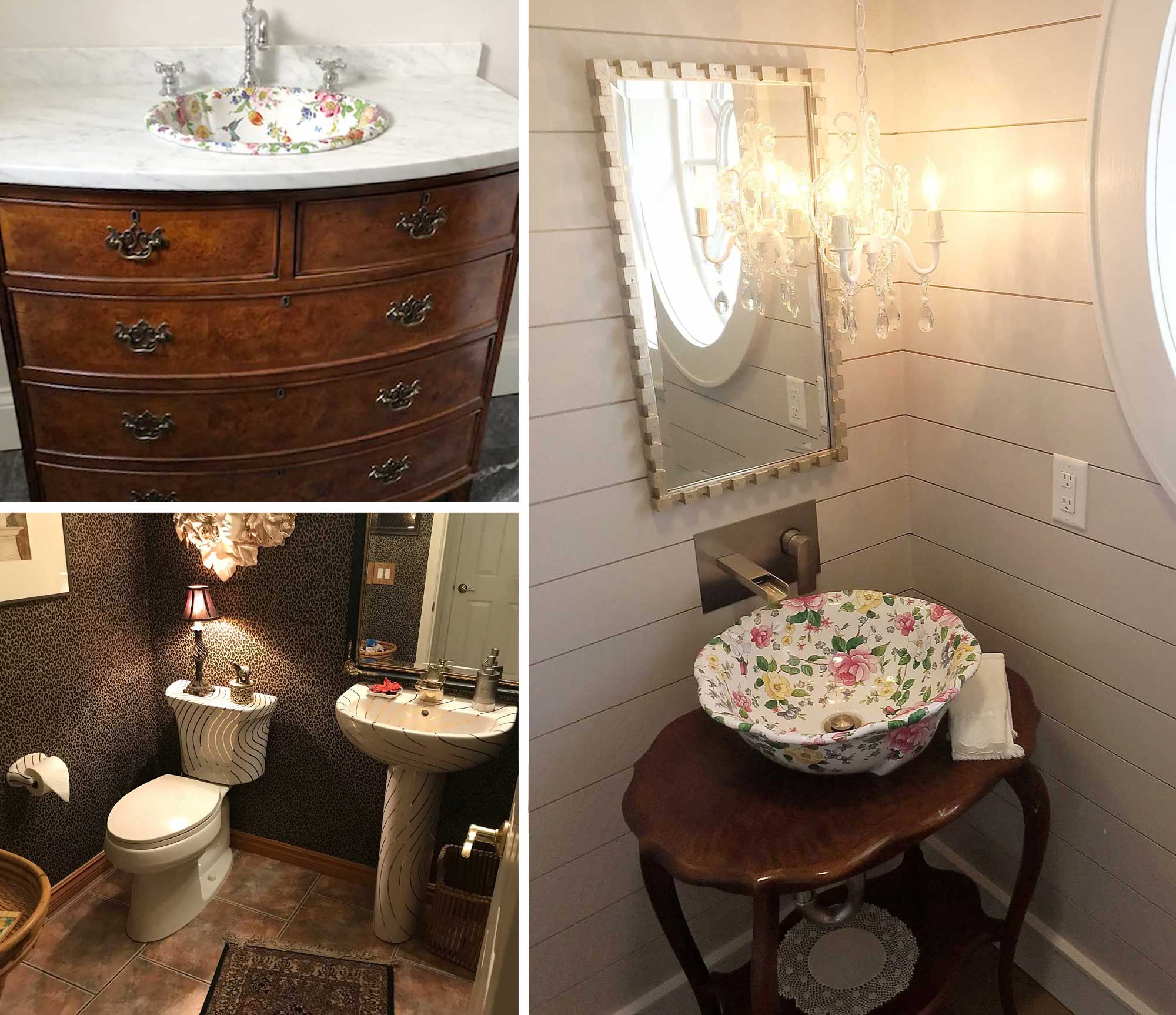 Decorated bathroom design ideas featuring chintz painted vessel sink, gold swirling lines pedestal sink and toilet powder room, and victorian bow front dresser with colorful flowers and hummingbird painted sink