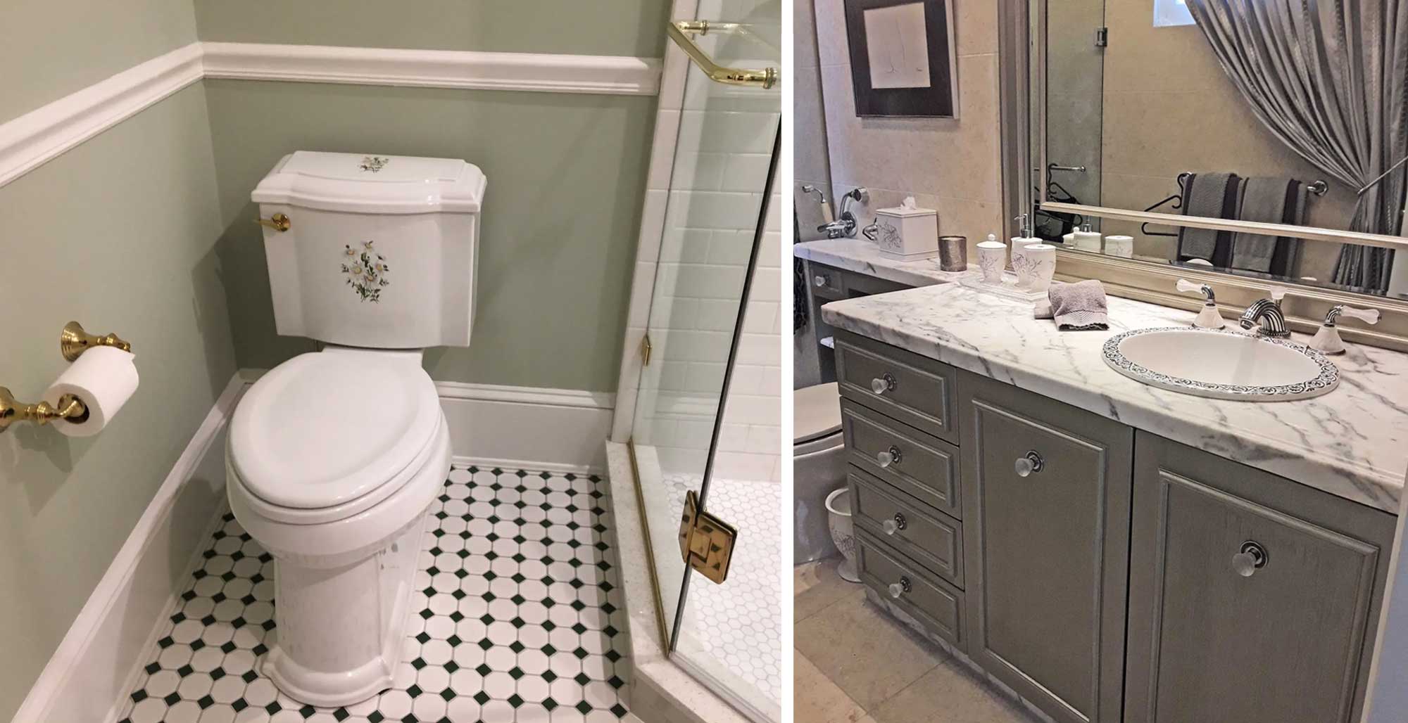 custom daisy toilet in green guest bath and silver border painted sink in traditional bathroom