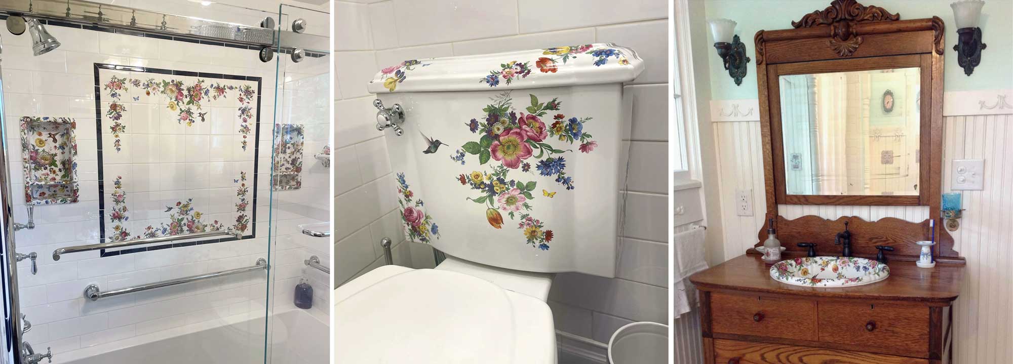 custom flower tile mural, shower shelves, hand painted kohler toilet and antique dresser vanity with painted flower sink