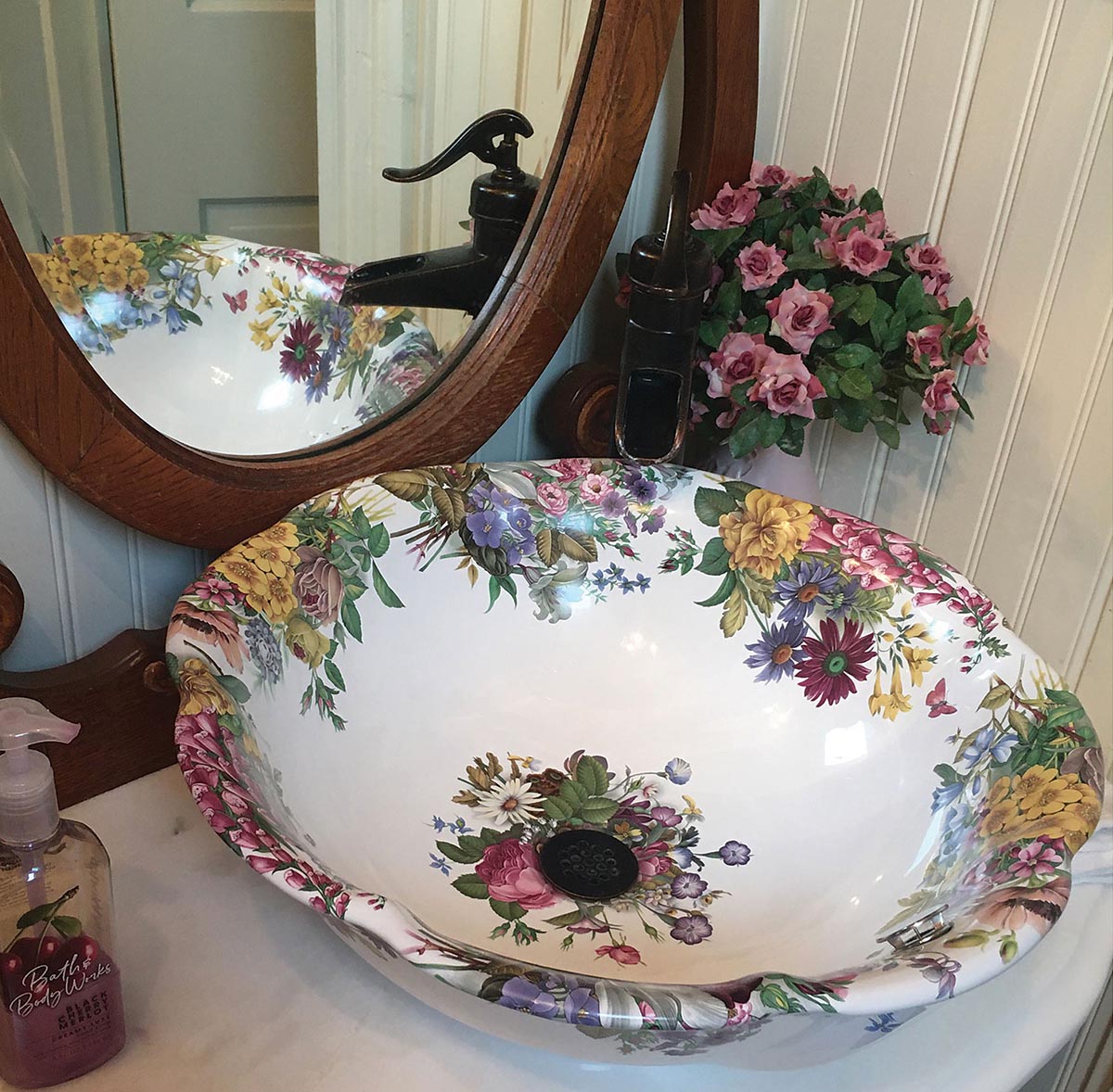 she-shed vessel sink painted with victorian garden flowers