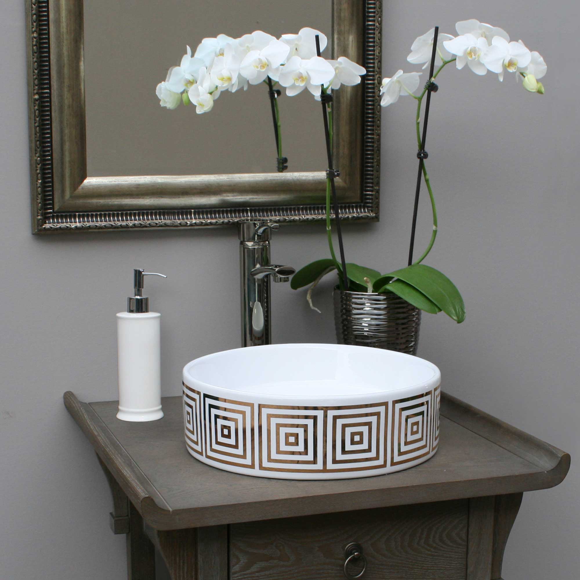 13" vessel sink in gray bathroom painted with big squares design