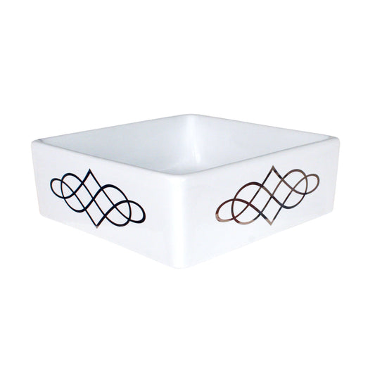 Square vessel sink painted with platinum double swirl design