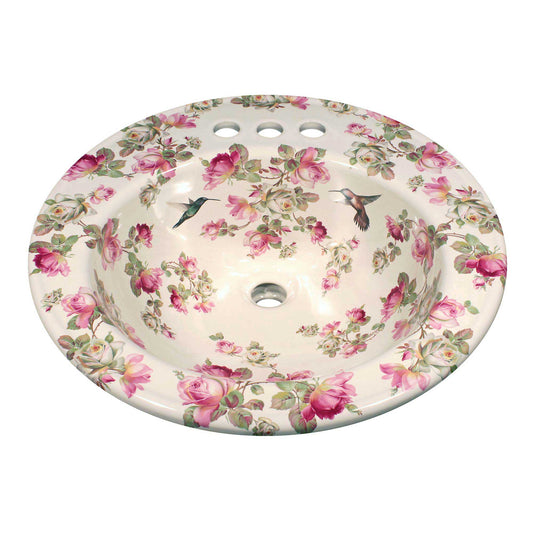 Geraldine roses in pink and white painted Kohler sink with hummingbirds