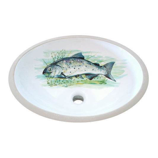 Beautifully hand painted salmon swimming in seaweed in shades of green and blue on an under mount sink make it a perfect fit for a lodge or fishing cabin.