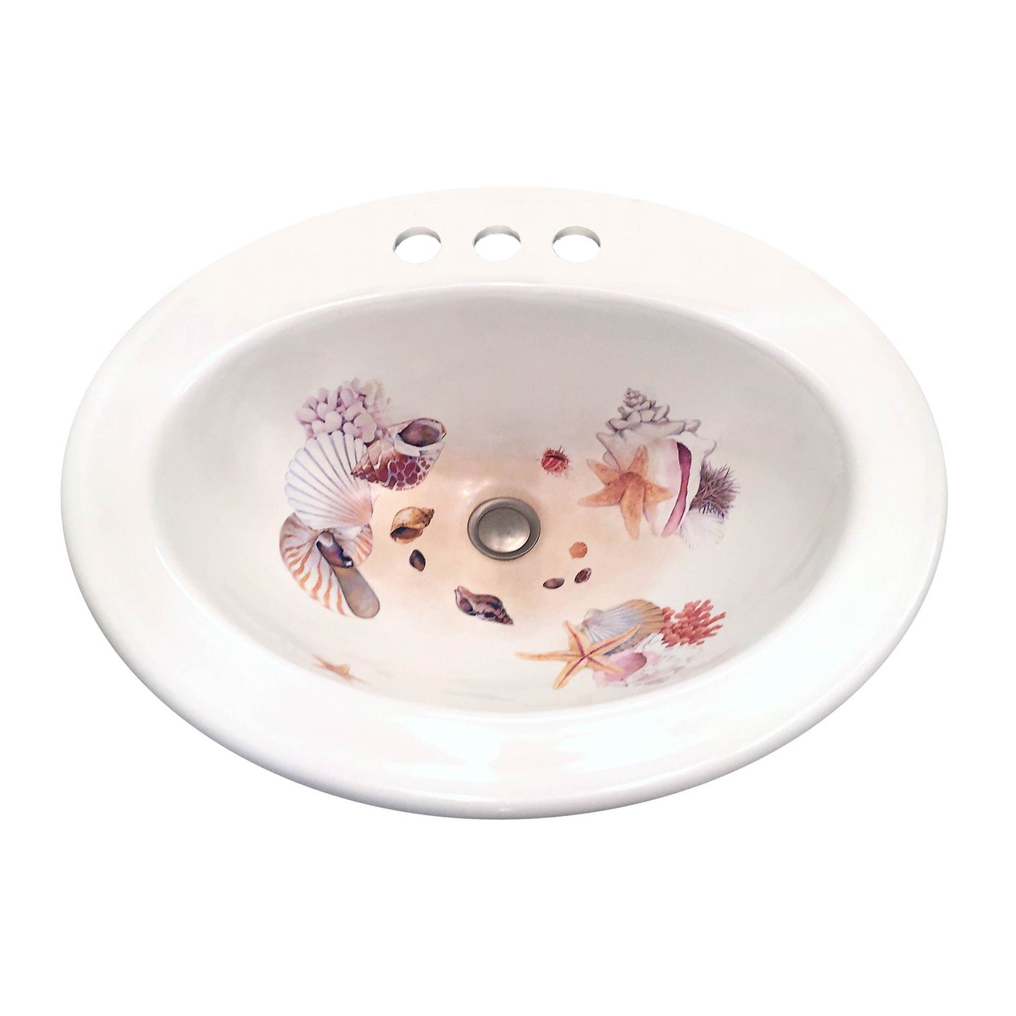 Ceramic Kohler Pennington drop-in bathroom sink painted with shells and starfish for beach bathroom.