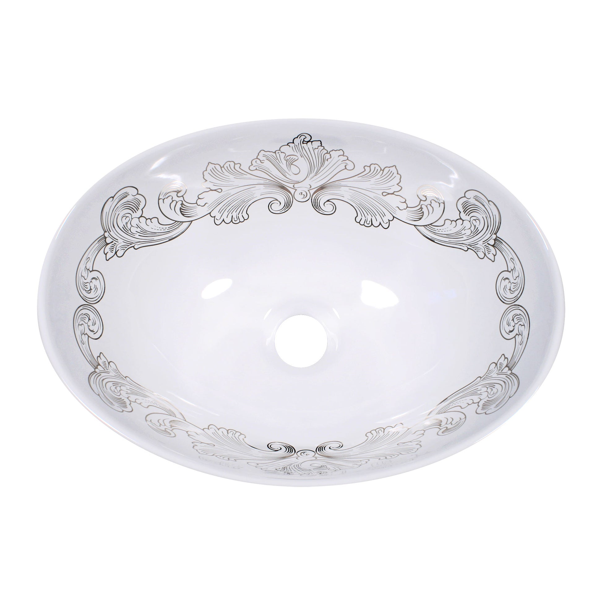 Engraved Acanthus Scrolls painted on an oval vessel bathroom sink in gold or silver. Top view.