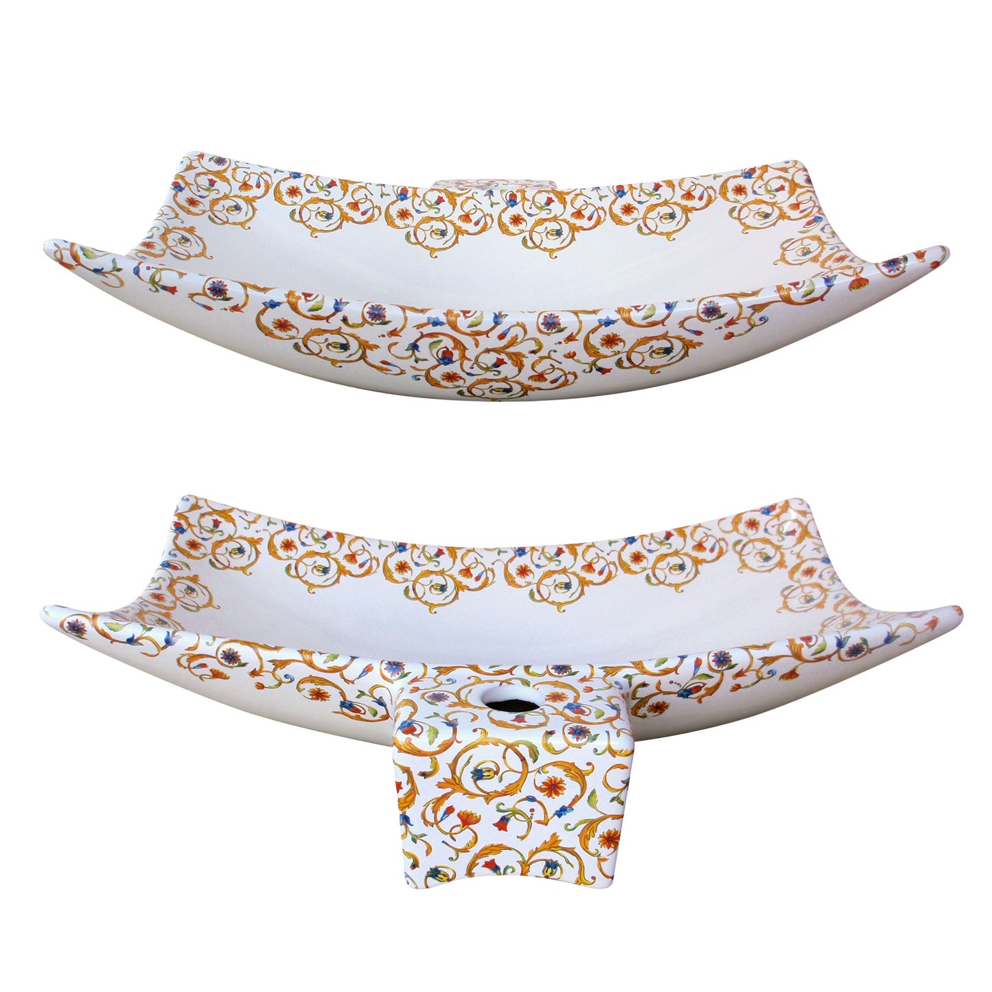 Front and back view of the modern flat vessel sink painted with gold, red and blue florentine design for sophisticated bathroom or powder room.