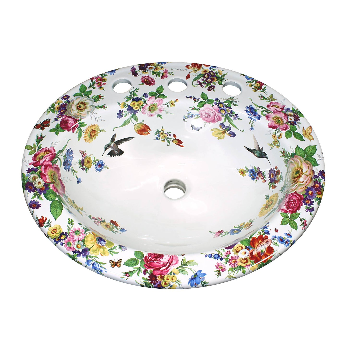 Kohler bathroom sink painted with flowers, butterflies and hummingbirds