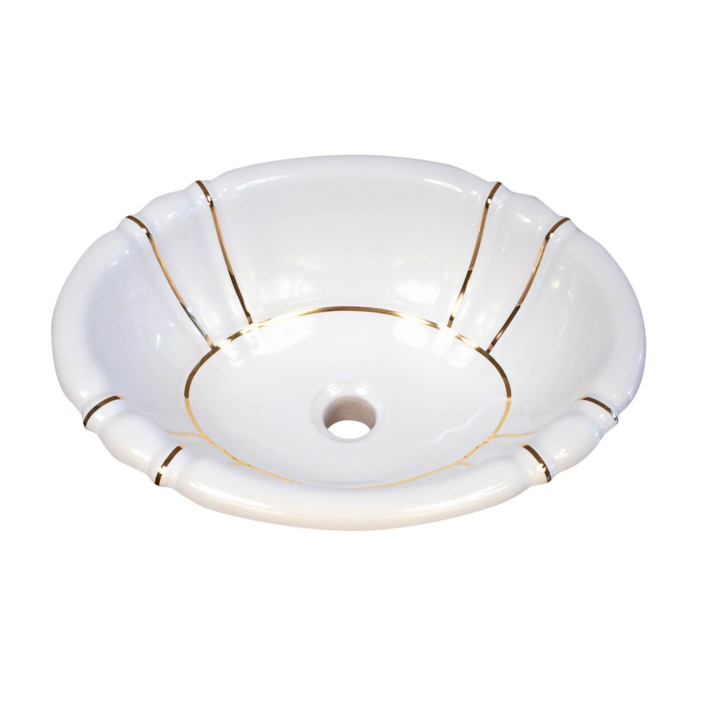 Real metallic gold bands painted on a fluted drop-in bathroom sink