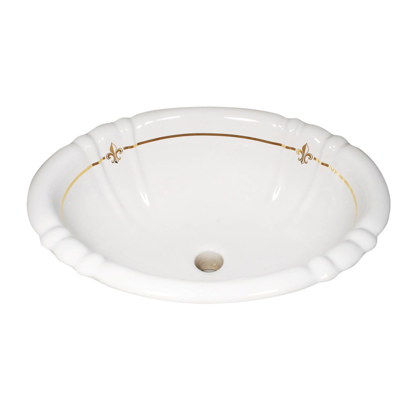 Fluted drop-in porcelain bathroom sink painted with gold fleur de lis motif and gold bands border.