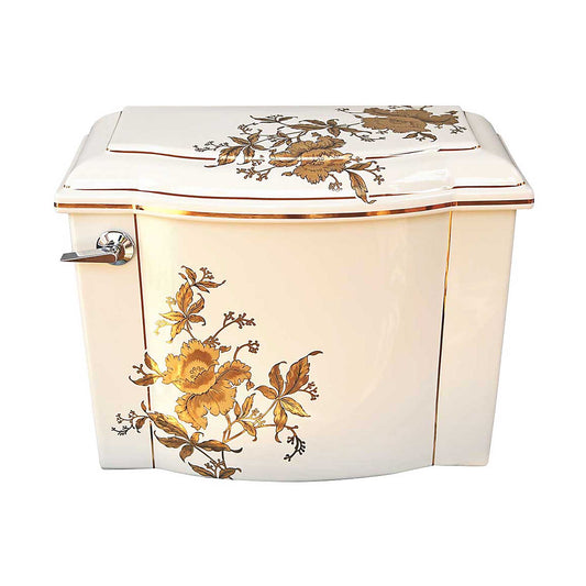Kohler Devonshire toilet tank painted with gold orchids and bands