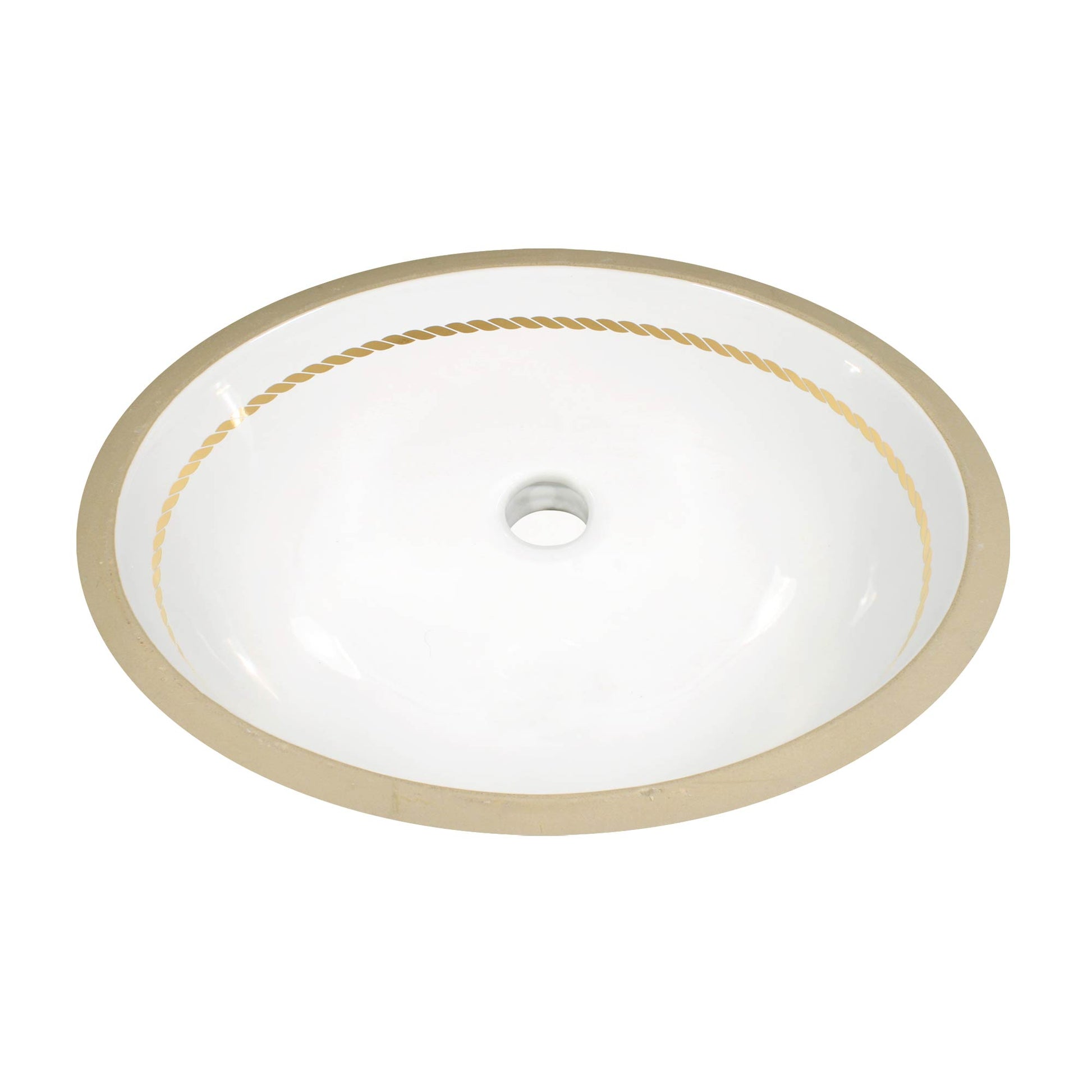 Undermount bathroom sink painted with gold rope border design.