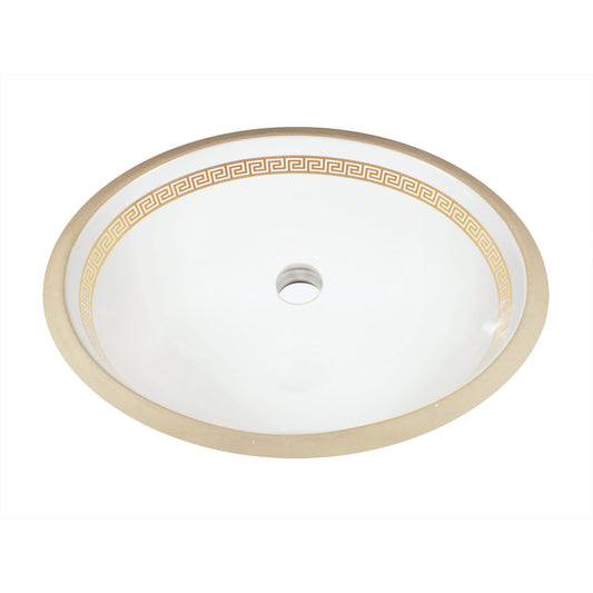 Gold Greek key design painted bathroom undercount basin.