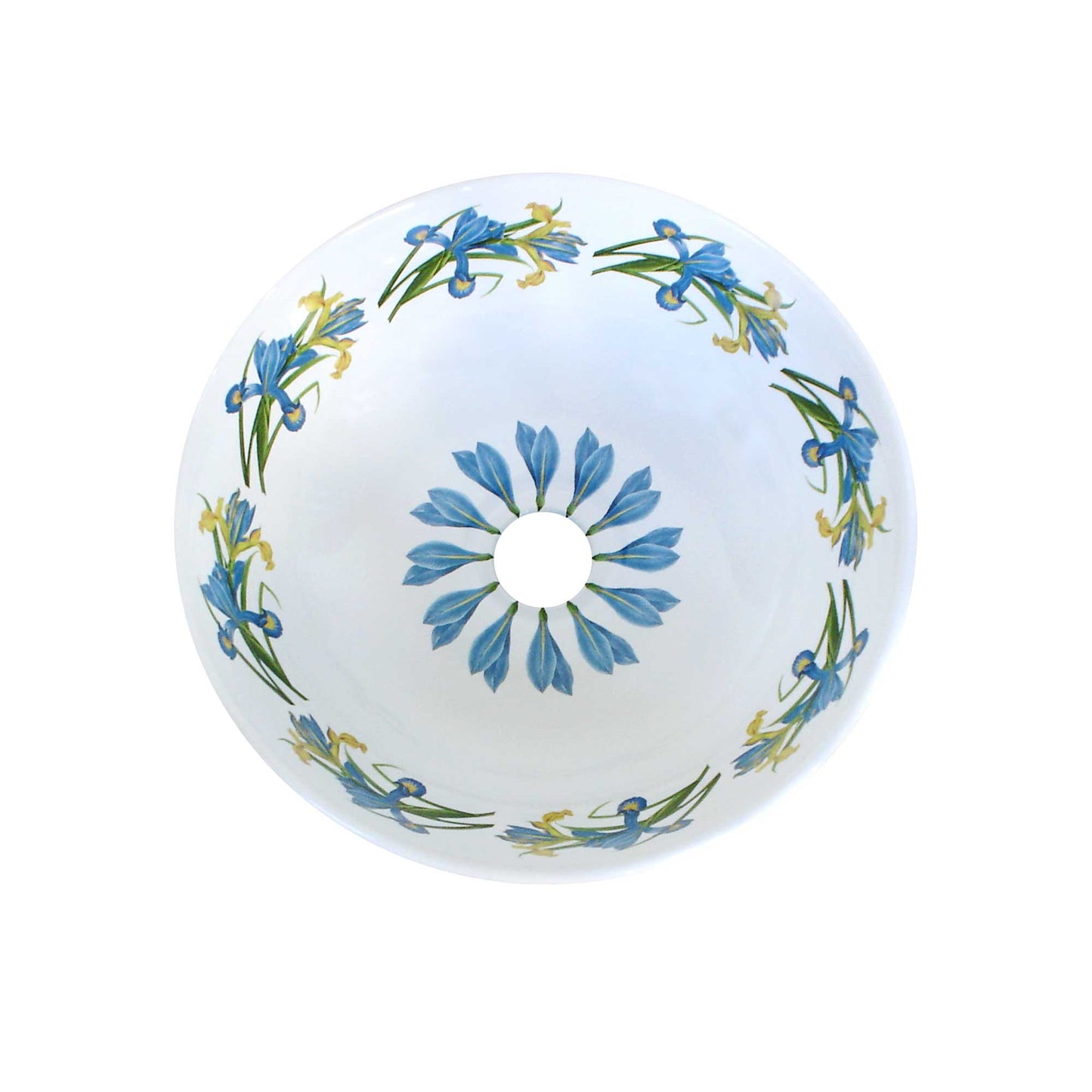 Beautiful vanity basin with blue and yellow iris flowers painted on a very small vessel sink