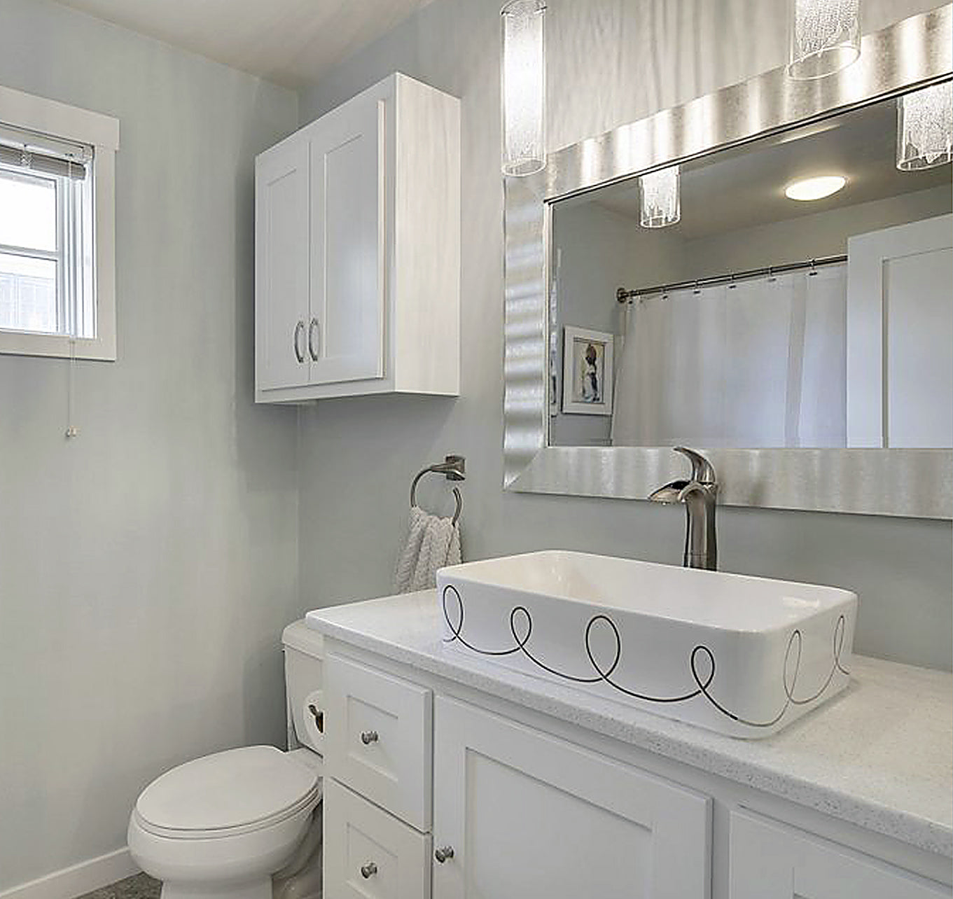 Contemporary bathroom with loops design painted vessel sink