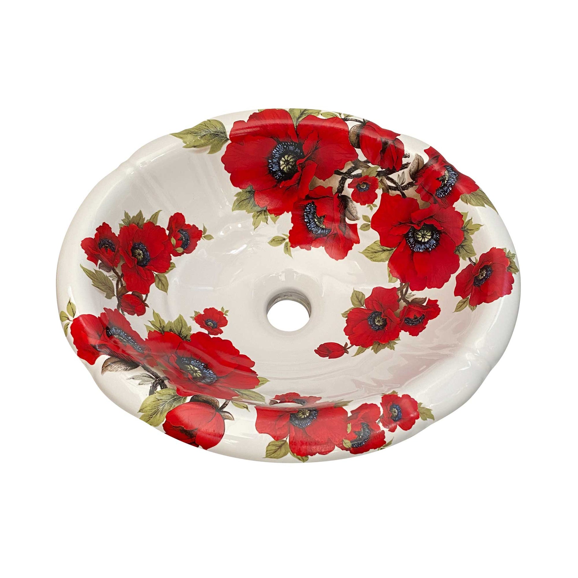 Barclay Sienna Drop-in bathroom sink painted with red poppies.
