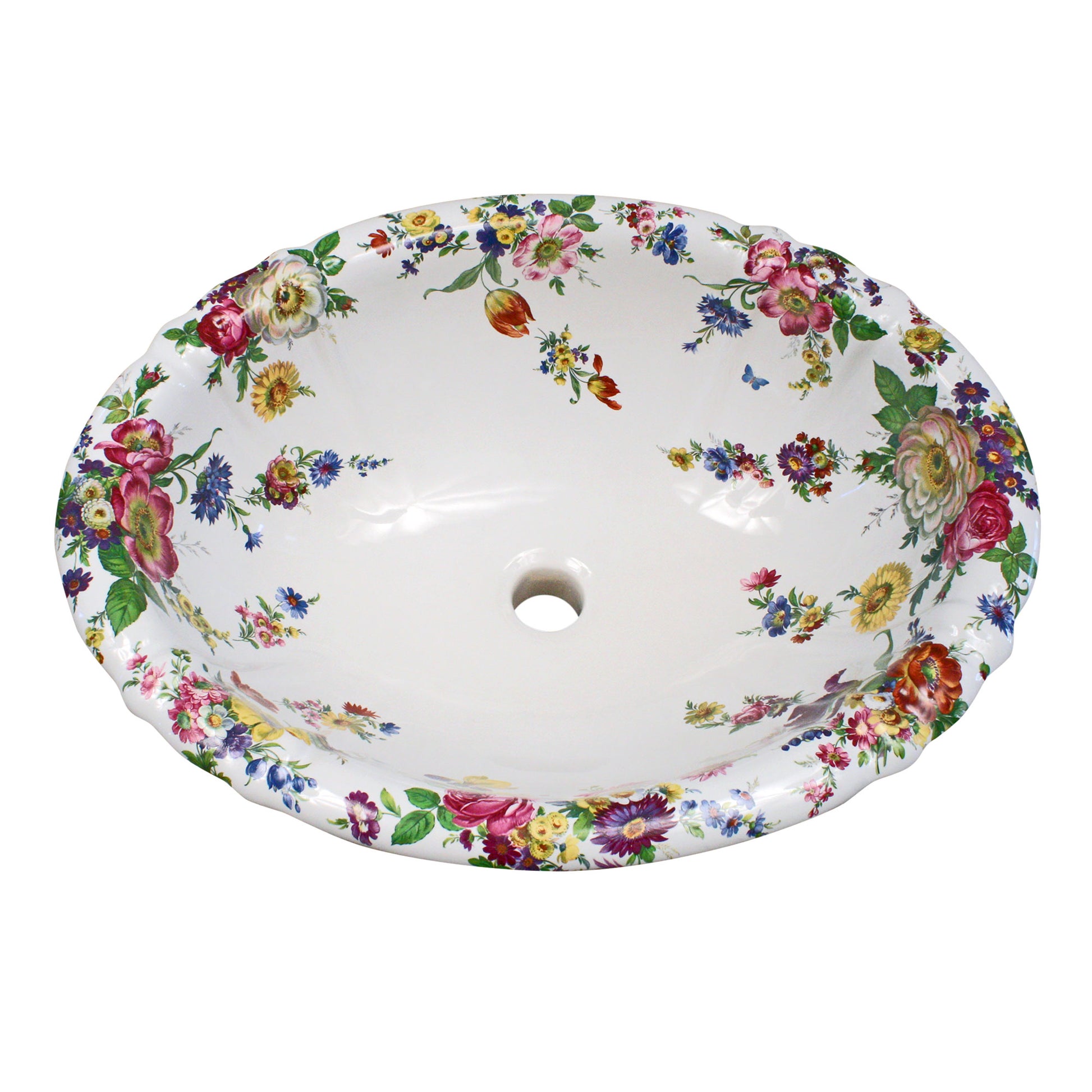 beautiful hand painted bathroom sink painted with flowers and butterfly
