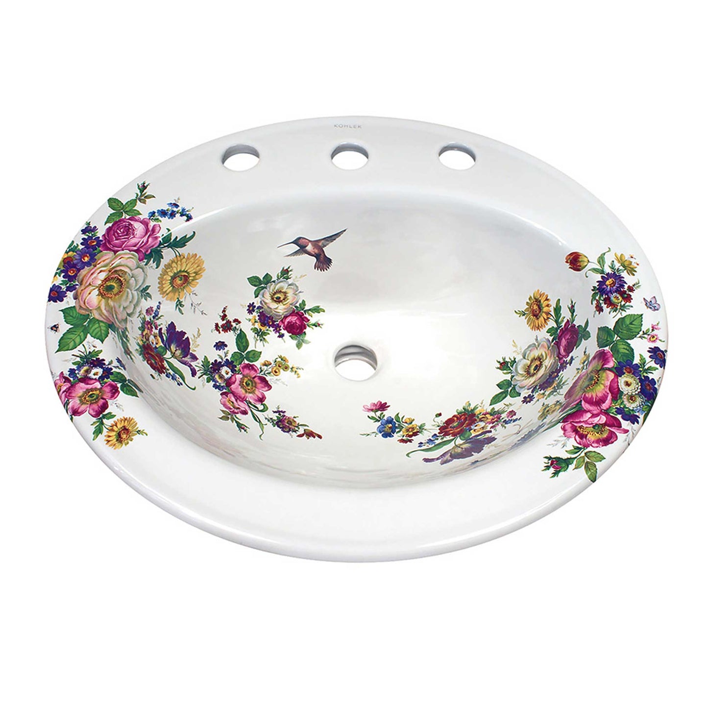 Kohler Pennington Drop-in Bathroom Sink painted with flowers and hummingbird