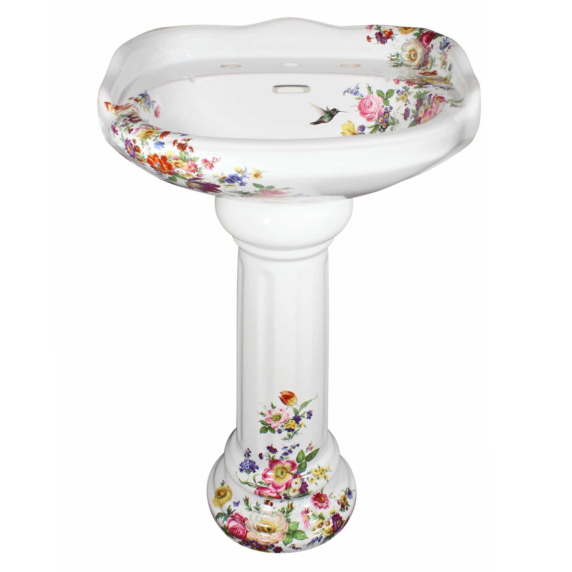 Barclay Vicki pedestal Sink painted with flowers and hummingbirds