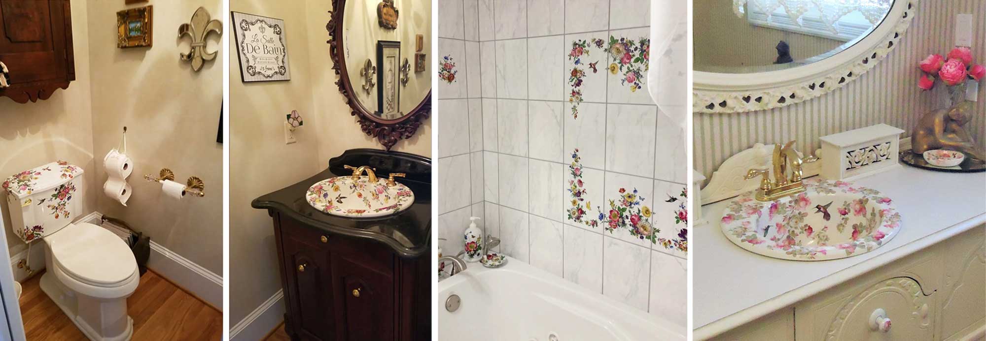 decorated bathroom installation gallery tile mural, kohler painted toilet, elegant powder room and victorian bathroom with pink roses painted sink.
