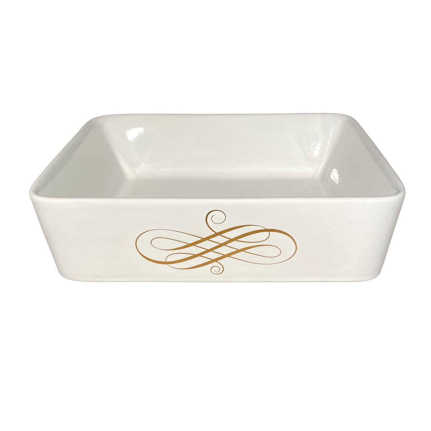 Elegant swirl painted in gold on a white rectangle vessel sink