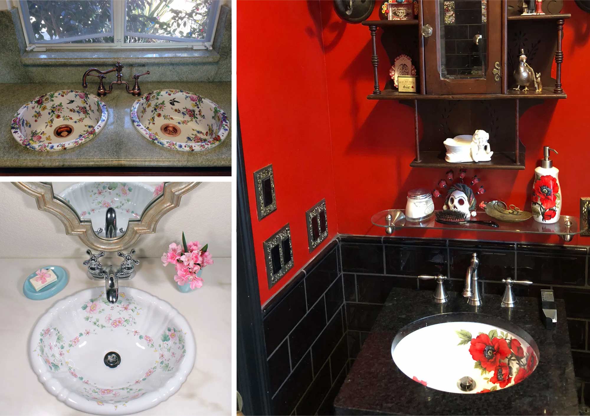 unique custom bathroom design ideas with painted sinks. Roses bathroom, bar sinks with flowers and hand painted red poppy sink in goth bathroom.