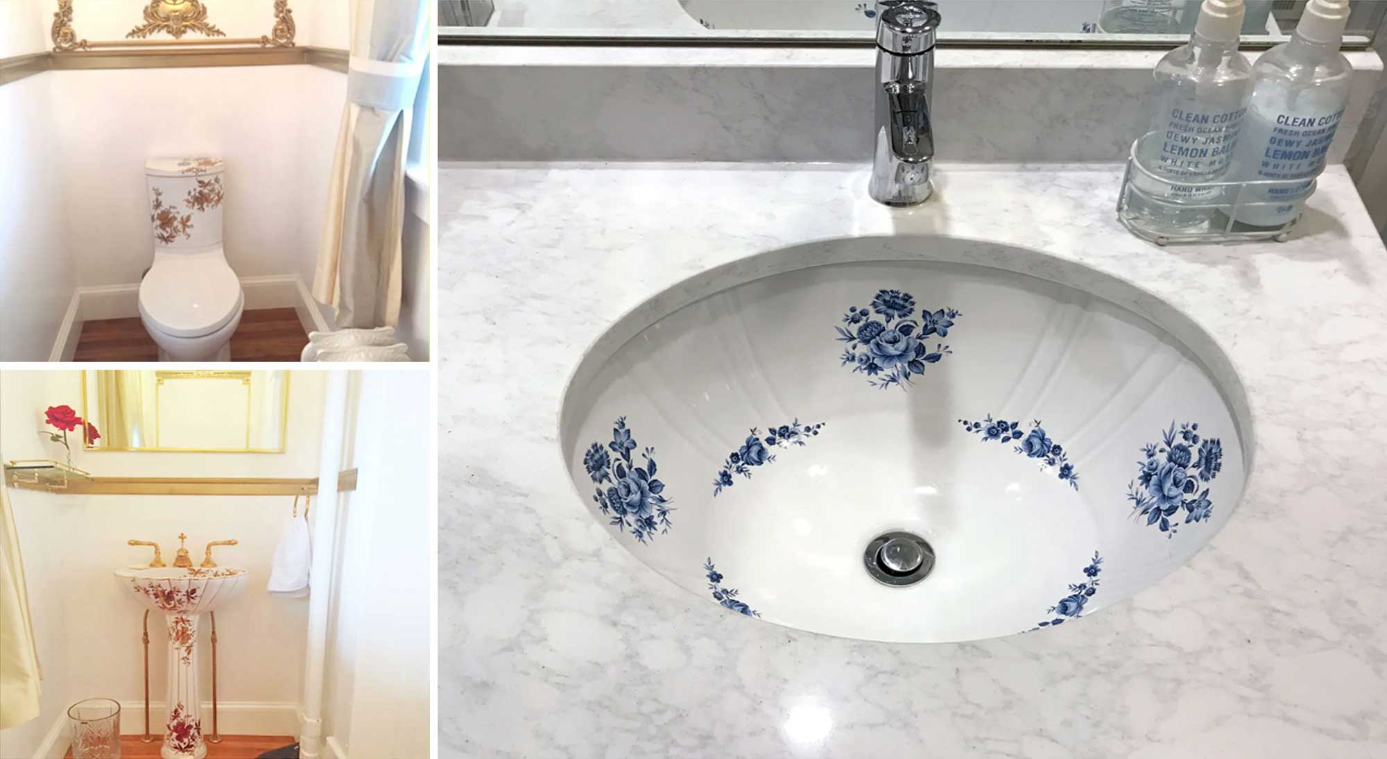 great bathroom decoration ideas with hand painted blue roses sink, white marble counter and powder room with gold orchids painted sink and Kohler toilet