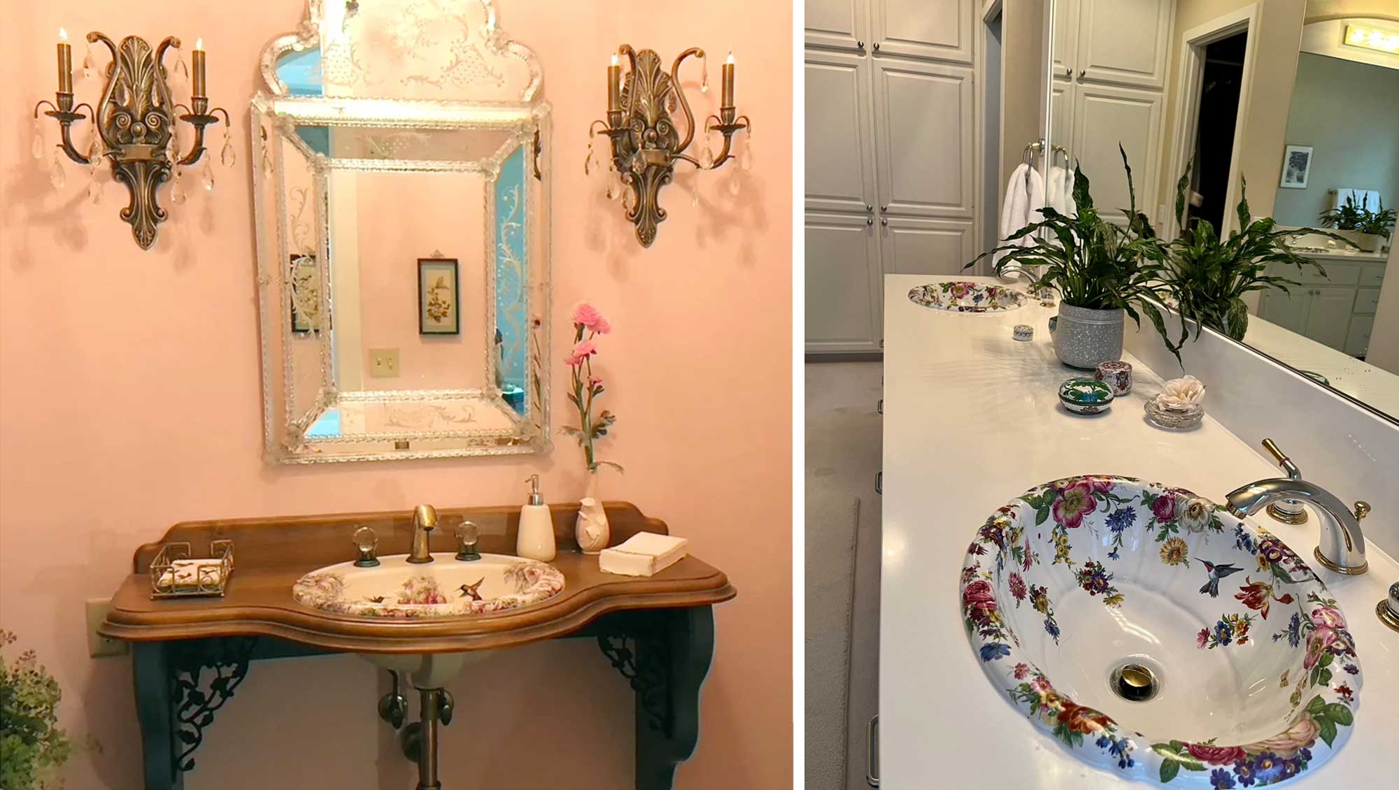 elegant powder room and master bathroom with hand painted basins with flowers and butterflies
