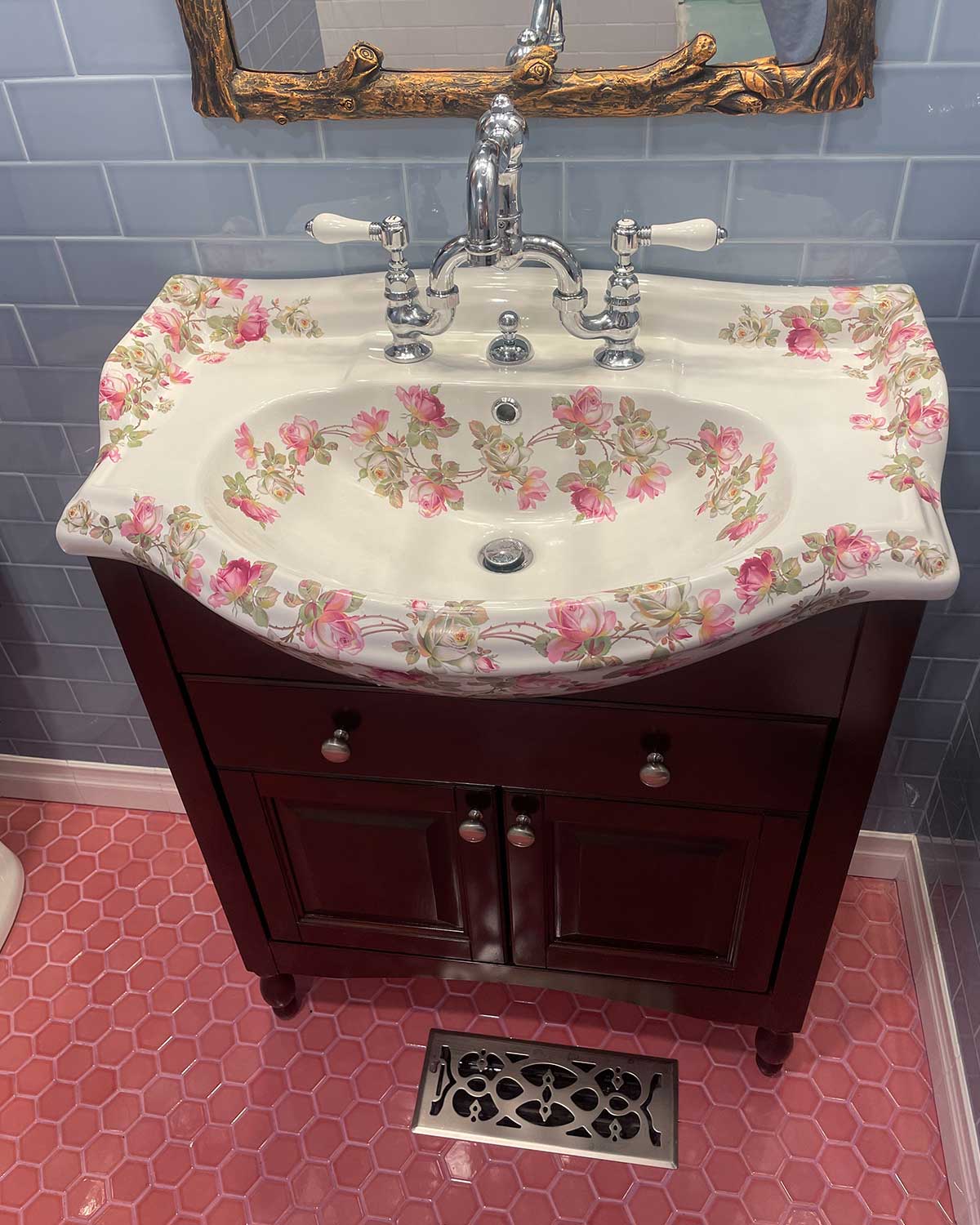 pink and white roses painted victorian bathroom sink