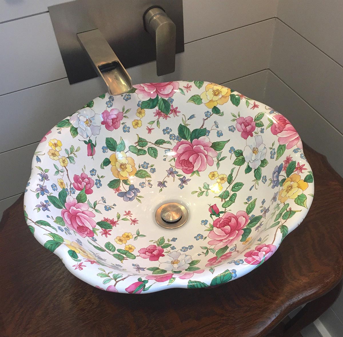 she shed powder room with beautiful chintz roses decorative painted vessel sink