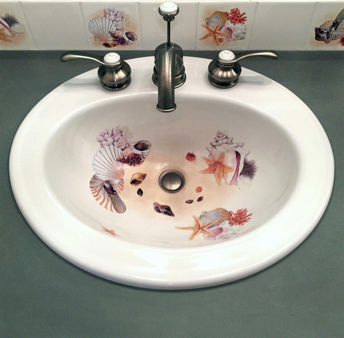 custom seashells hand painted sink and backsplash tiles for seaside beach bathroom 