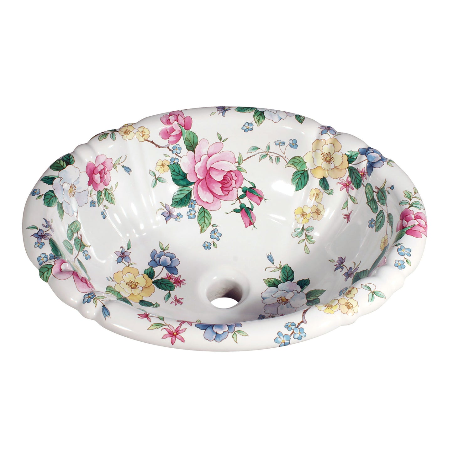 scalloped edge bathroom sink painted with chintz flowers