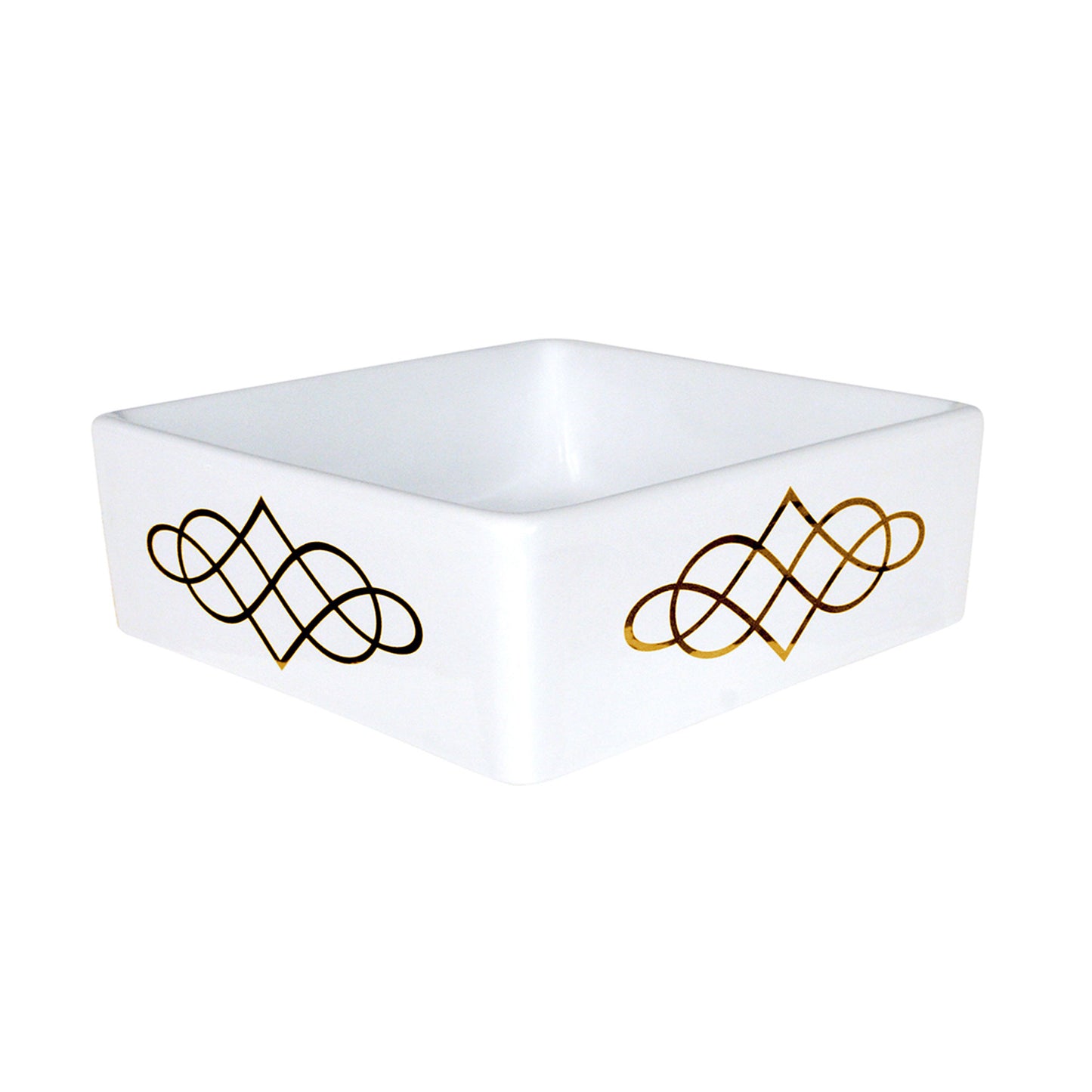Modern vessel sink painted with gold double swirl design.
