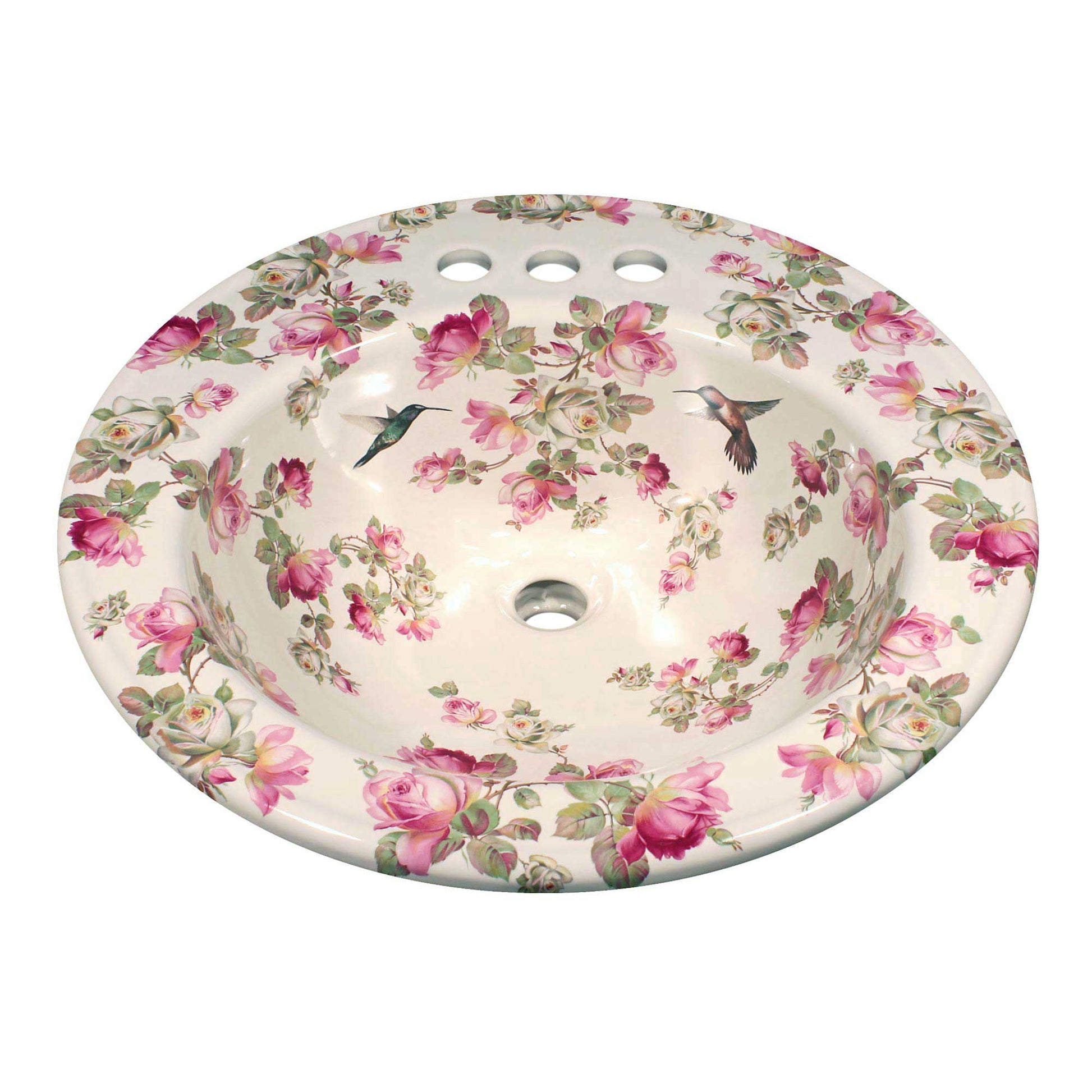 Geraldine roses in pink and white painted Kohler sink with hummingbirds