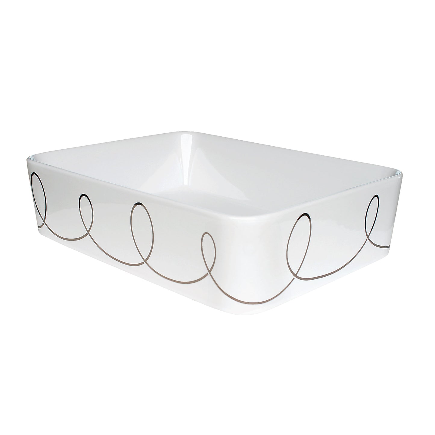 Rectangle vessel sink painted with cool silver loops