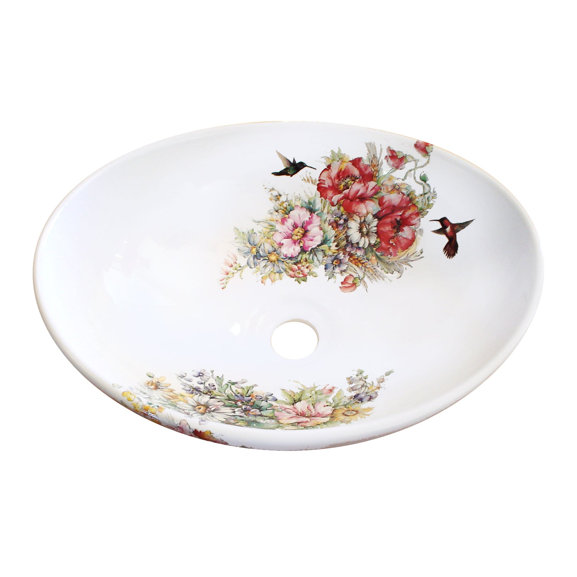 rococo flowers and hummingbirds painted vessel sink