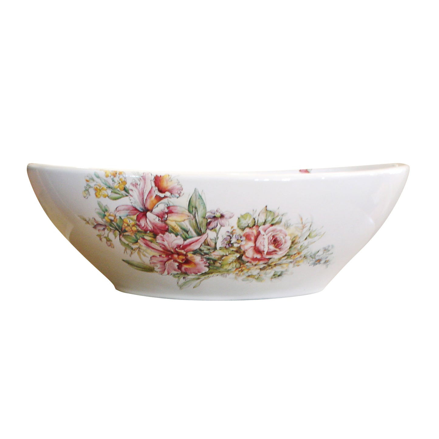 Front view of the Rococo Painted vessel sink with roses and Lillies.