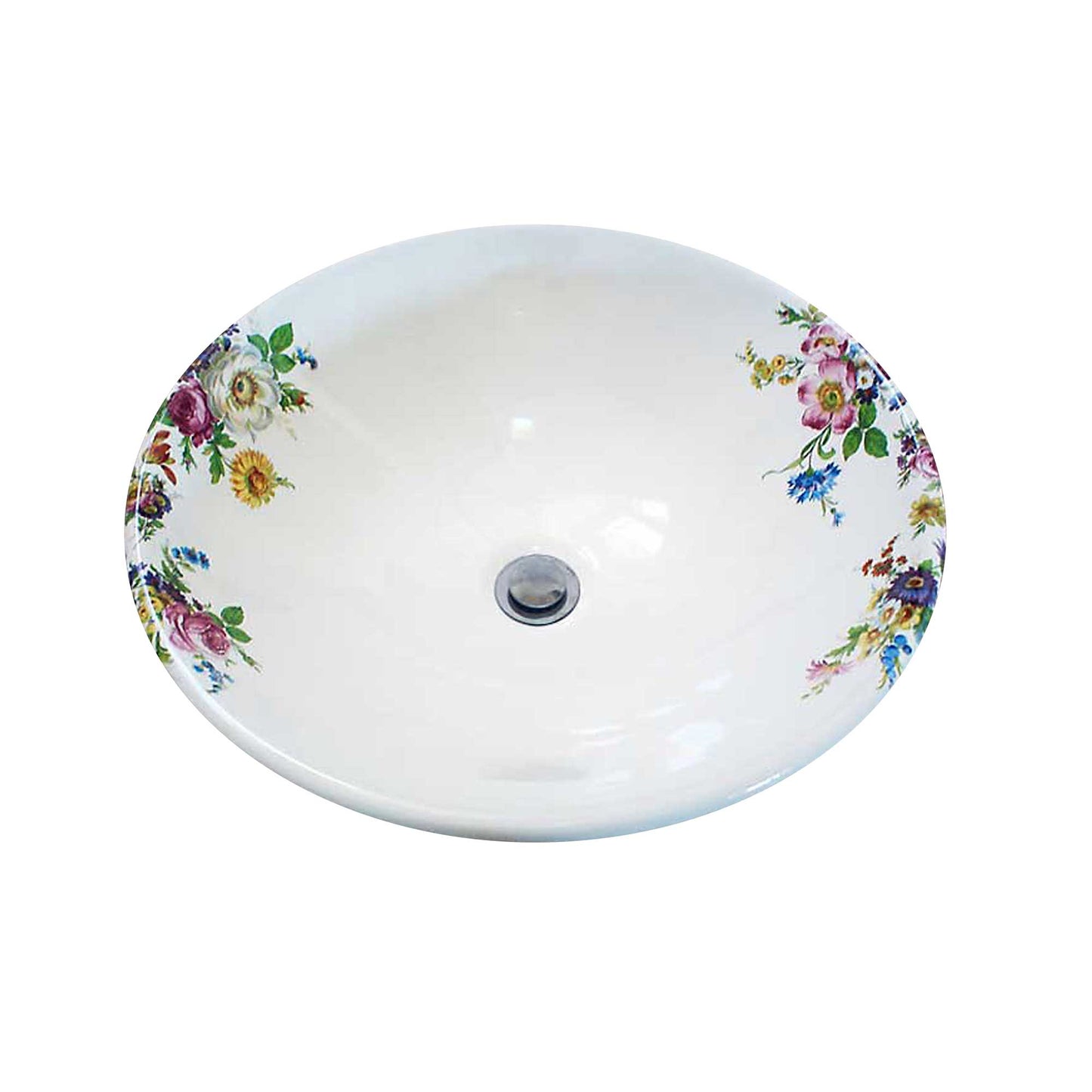 round porcelain vessel sink painted with simple flower design