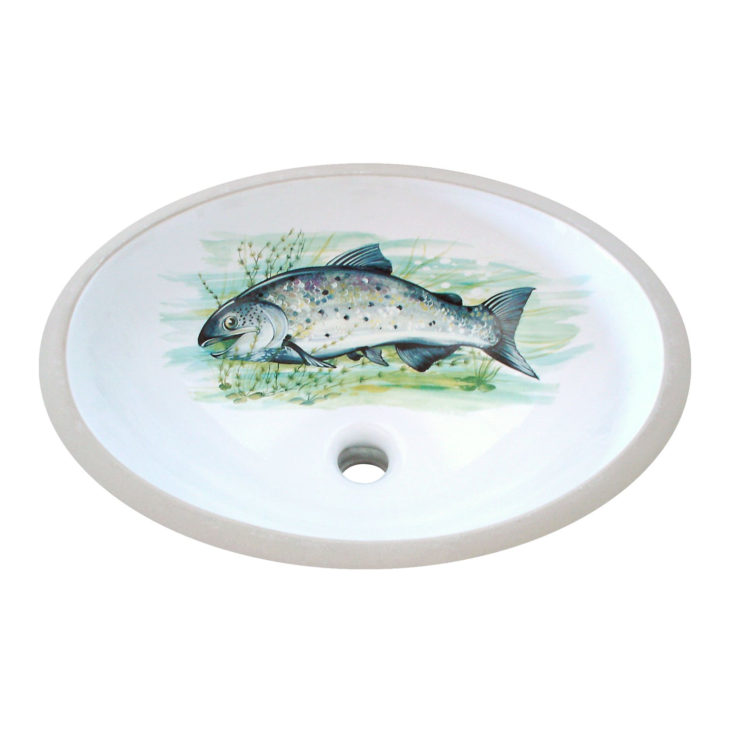 Beautifully hand painted salmon swimming in seaweed in shades of green and blue on an under mount sink make it a perfect fit for a lodge or fishing cabin. 