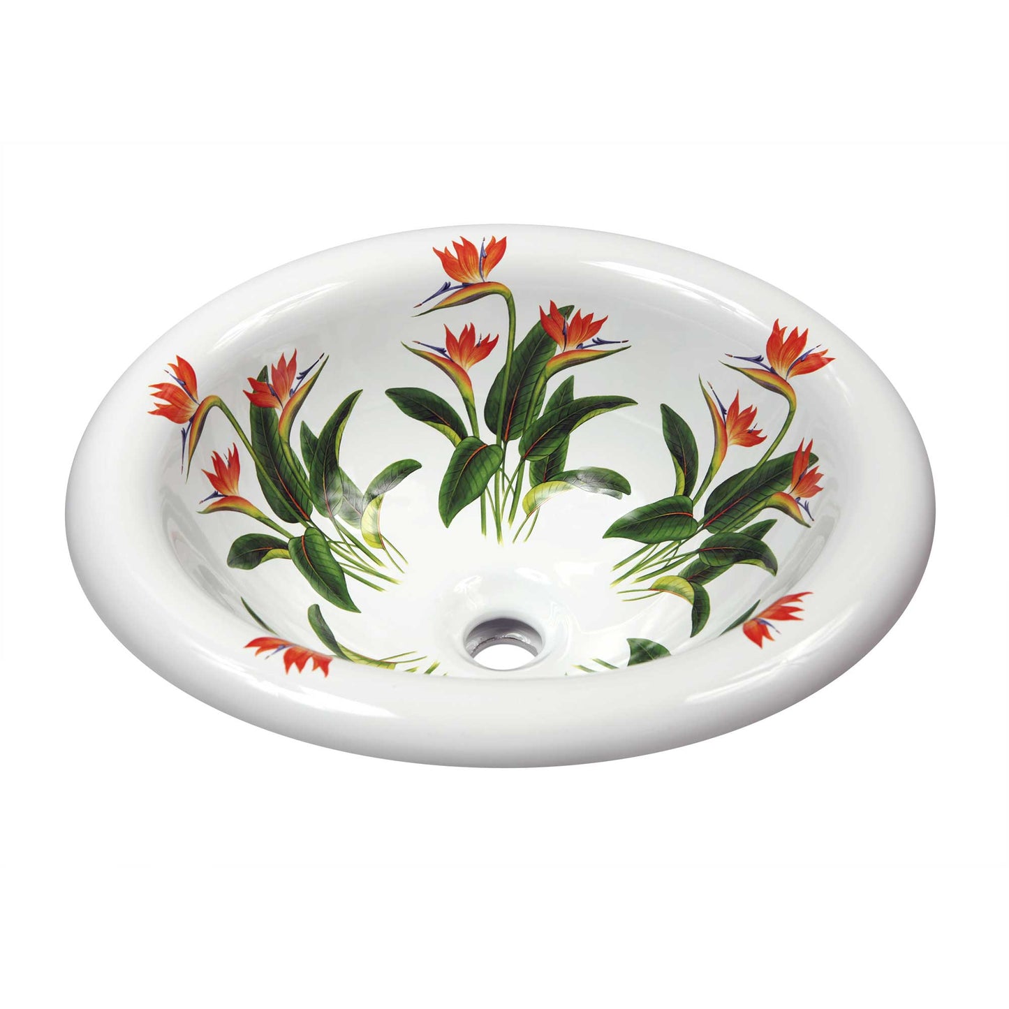 Red and orange bird of paradise flowers painted on a drop-in bathroom sink
