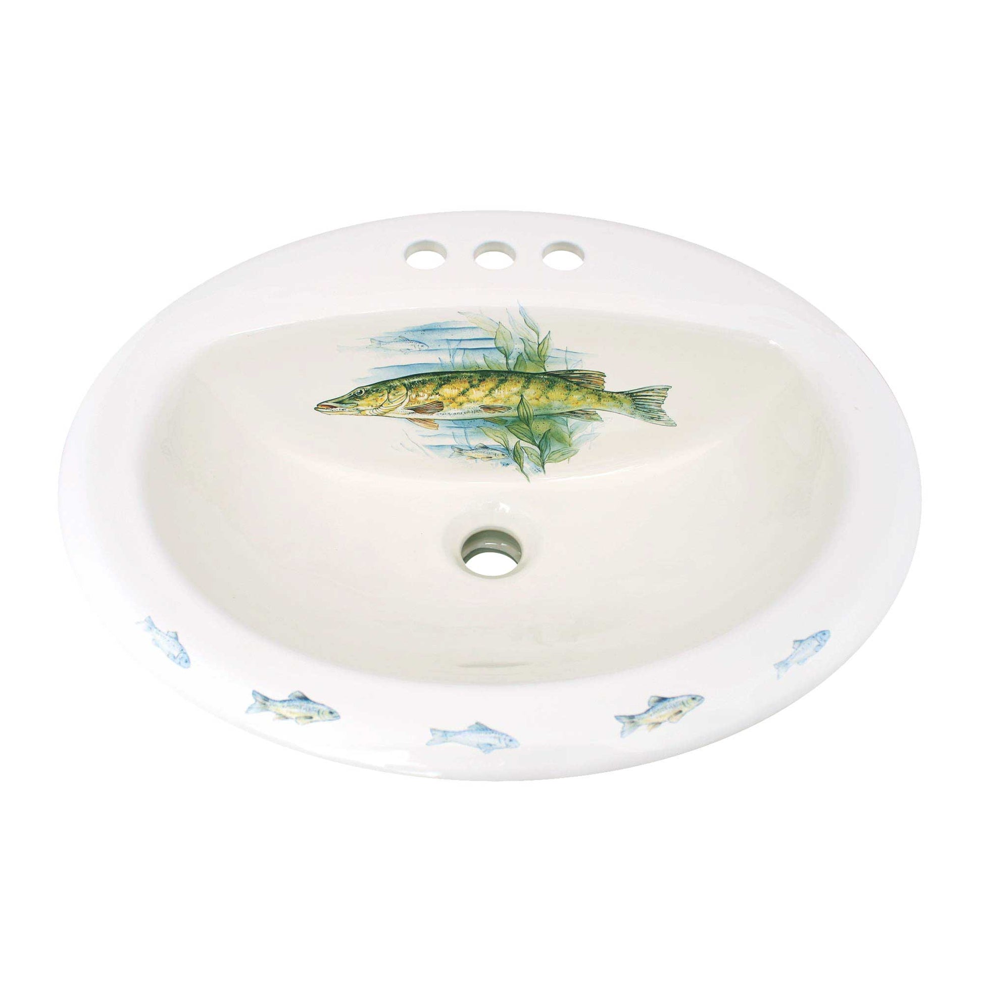 hand painted drop-in bathroom sink with blue musky fish and seaweed design