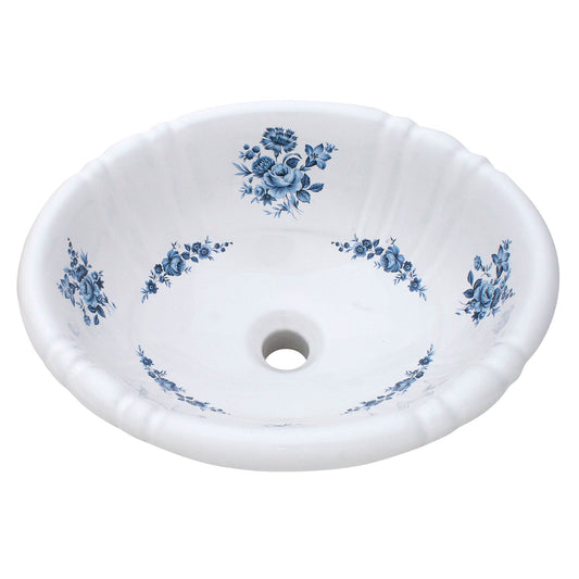 hand painted ceramic fluted drop-in bathroom sink painted with blue roses and flowers