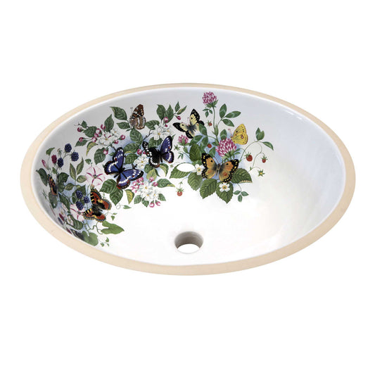 Undermount bathroom sink painted with design of butterflies, fruit and flowers.