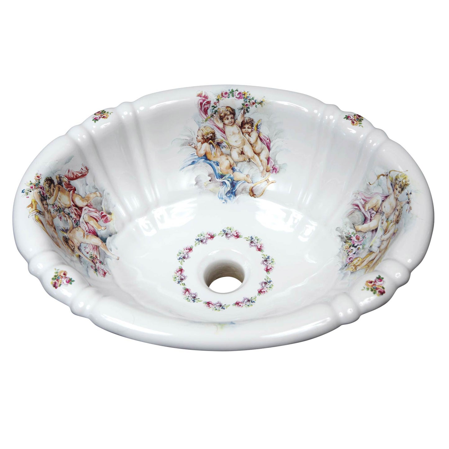 Pretty fluted bathroom drop-in basin painted with cherubs, flowers and ribbons