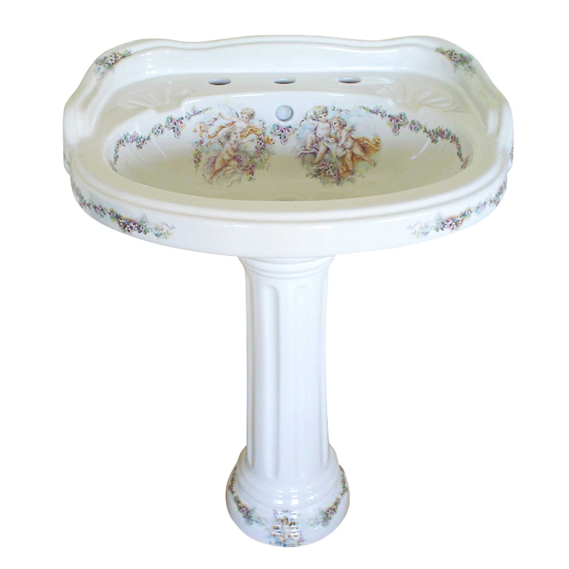 Traditional Pedestal lavatory painted with Cherubs, ribbons and flowers design.
