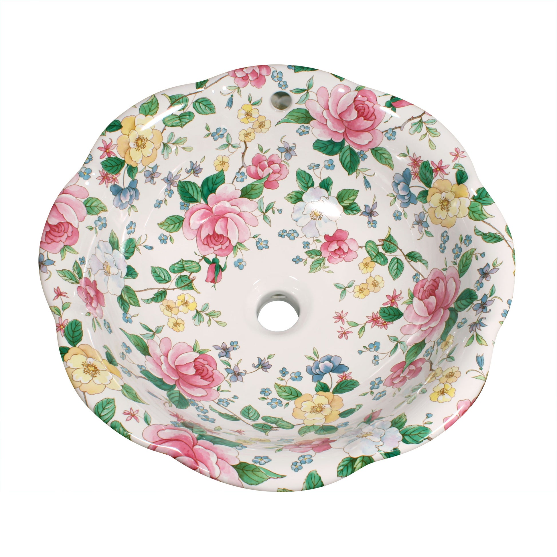 Decorative porcelain vessel sink painted with a design of pink, white and yellow chintz roses. Great for a Victorian or antique style powder room.