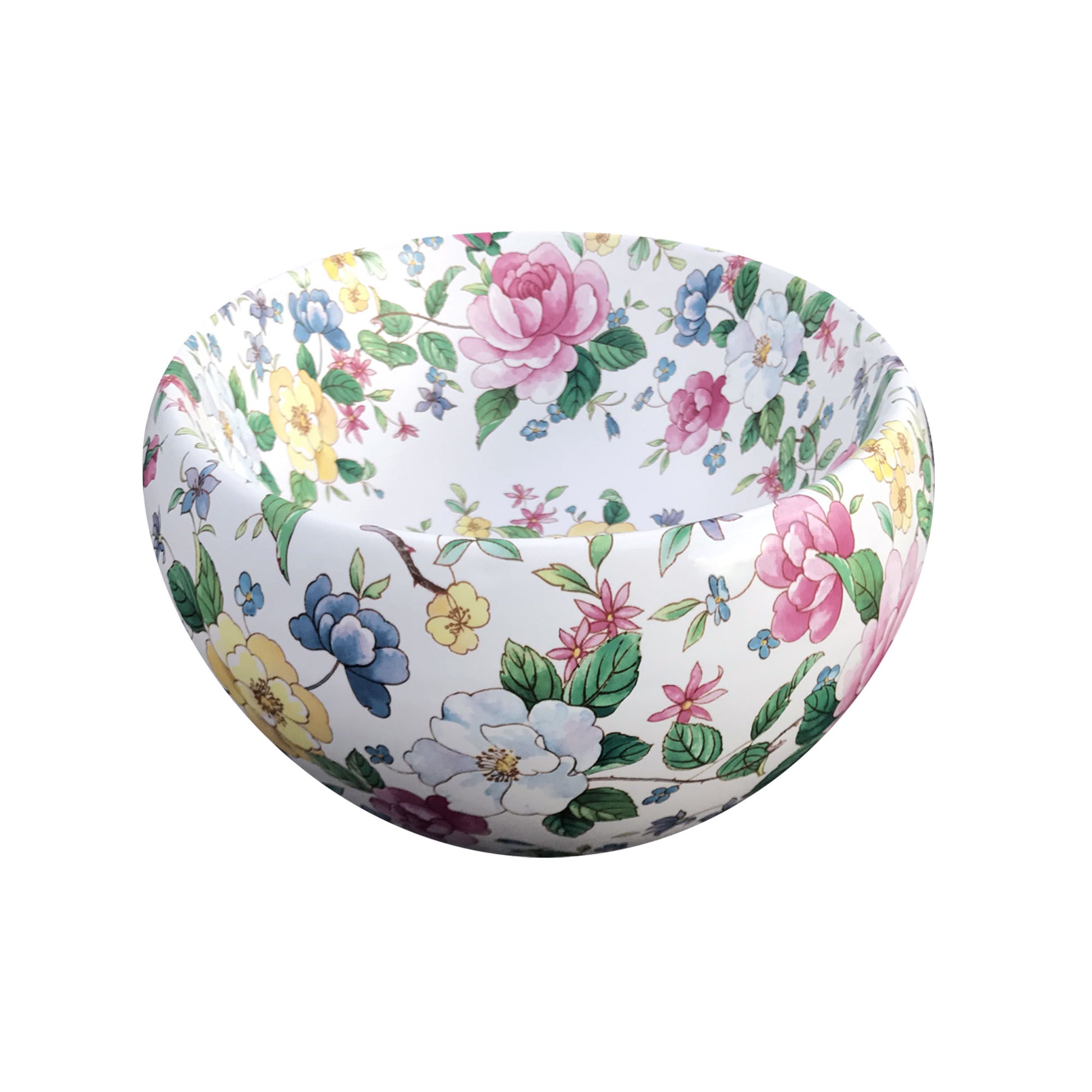 side view of the Chintz roses painted vessel sink