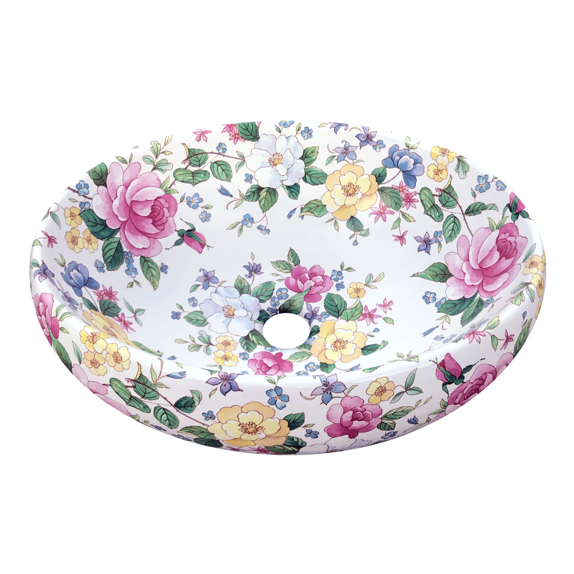 modern oval vessel sink painted with roses and flowers